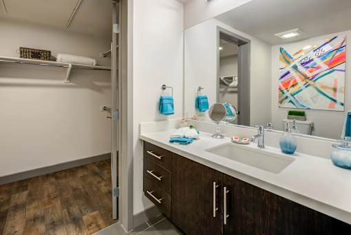 A bathroom with a white counter and brown wood floors.