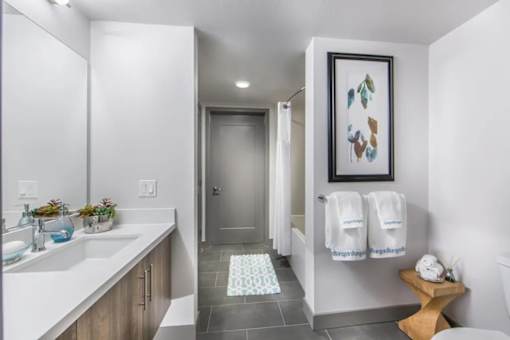 A bathroom with a sink, mirror, towel racks, and a rug.