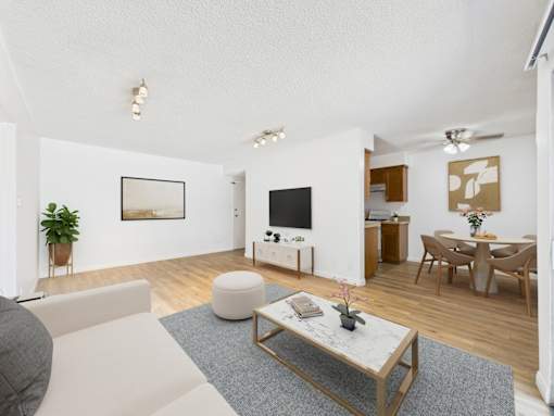 A modern living room with a grey sofa, a wooden coffee table, and a flat-screen TV.