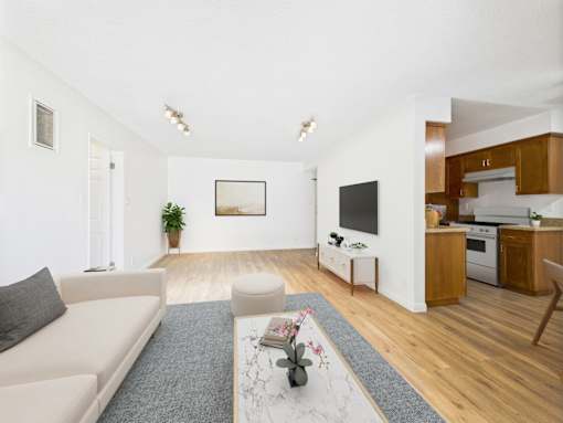 A living room with a couch, a coffee table, and a kitchen area in the background.