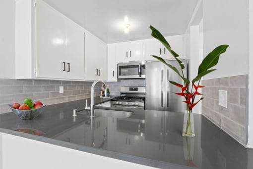 a kitchen with white cabinets and a vase with a plant