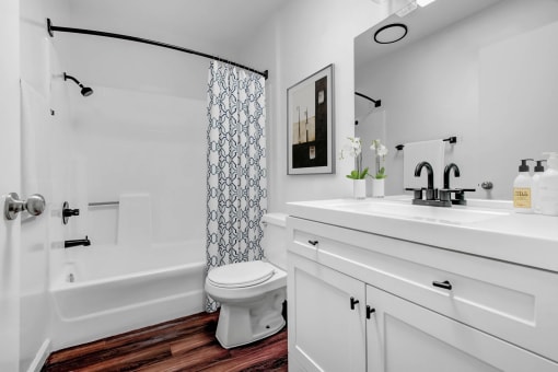 a bathroom with a toilet and a tub and a sink