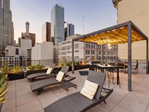Downtown Los Angeles, CA, Apartments For Rent - Broadway Lofts - Rooftop Sun Deck With BBQ/Picnic Area, Lounge Chairs, Tables, Potted Plants, And City Views.
