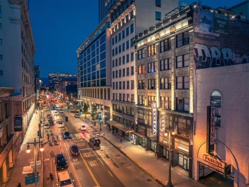 a view of a city street at night
