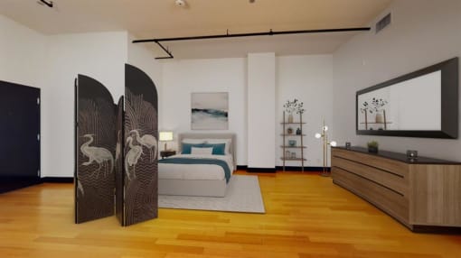 a bedroom with a bed and a dresser