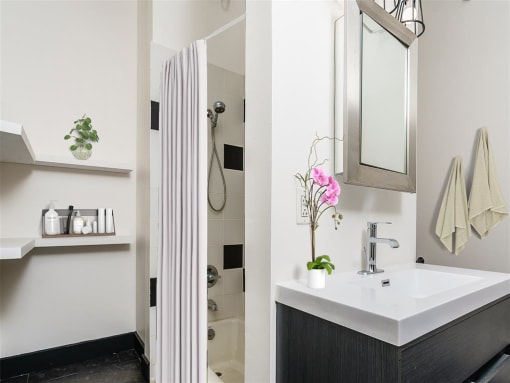 a small bathroom with a sink and a shower