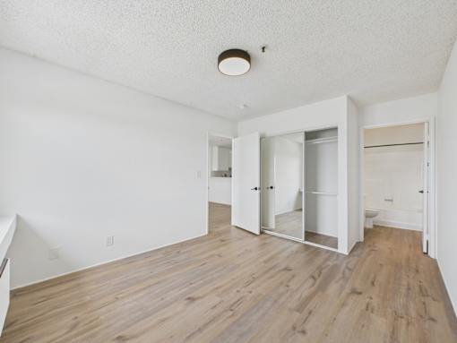 A room with white walls and wooden flooring with a ceiling light and a closet with a door open.