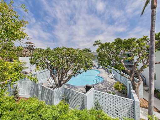 A pool surrounded by trees and a white lattice fence.