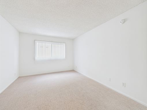 A room with a window and carpeted floor.