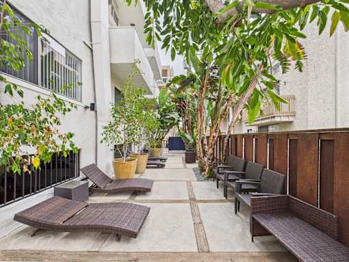 A patio with a table and chairs surrounded by plants.