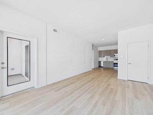 A room with white walls and wooden flooring with a doorway leading to another room.