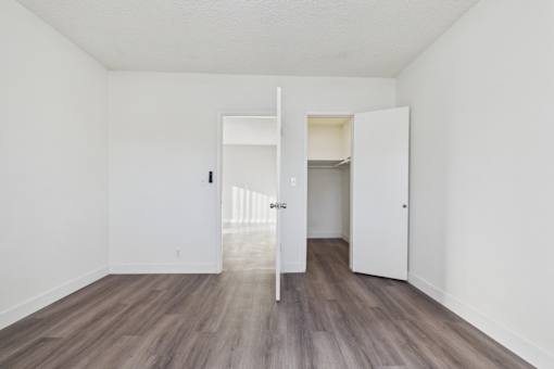A room with white walls and wood flooring with two open doors.