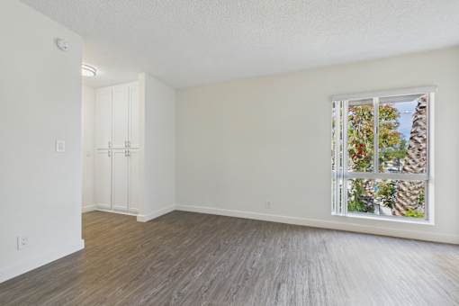 A room with a window showing a view of trees and a wooden fence.