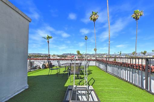 A rooftop patio with a green lawn, chairs, and palm trees.