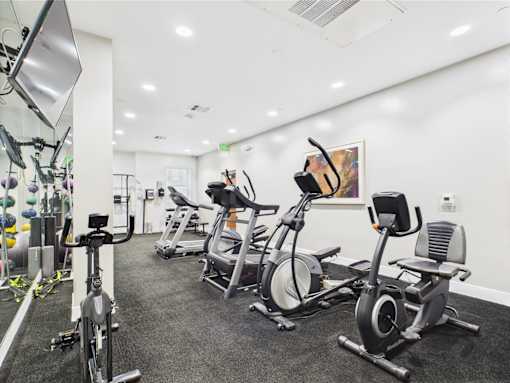 A gym with a row of stationary bikes.