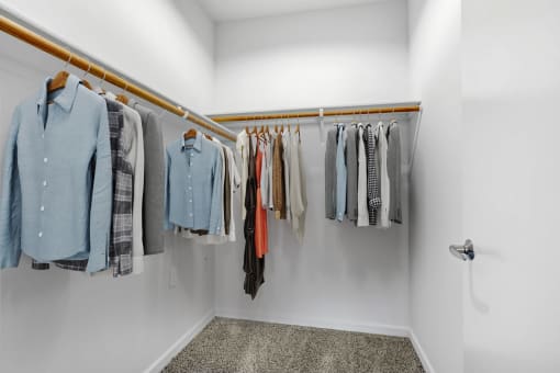 a closet with a row of clothes hanging on a rack