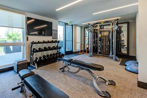 A gym with a variety of equipment including weights, a bench, and a leg press machine.