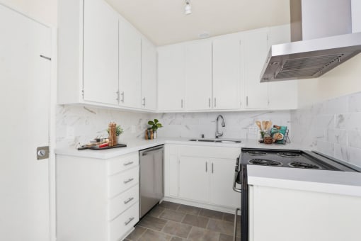 a small kitchen with white cabinets and a stainless steel dishwasher