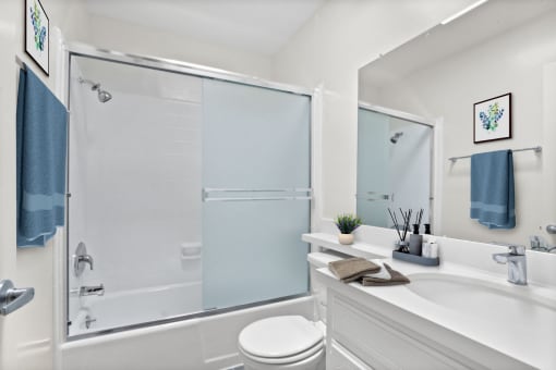 a bathroom with a white sink and toilet next to a shower with a sliding glass door