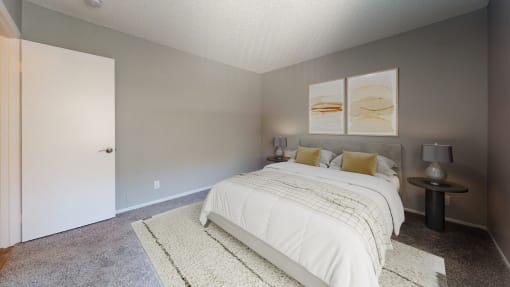 a bedroom with a bed and a white rug