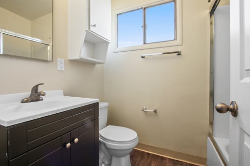 Bathroom with shower and tub combo at the right, single vanity with dark brown wood style cabinet