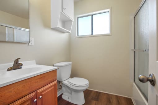 Bathroom with shower and tub combo at the right, single vanity with wood style cabinet