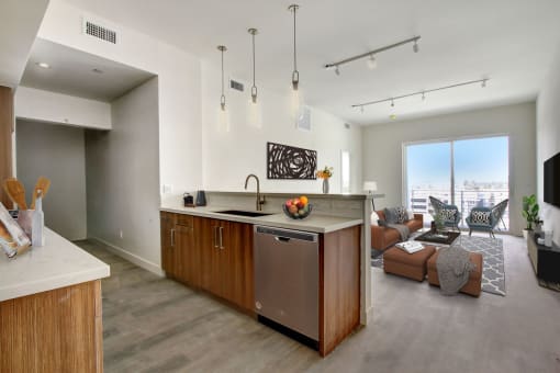 a kitchen and living room