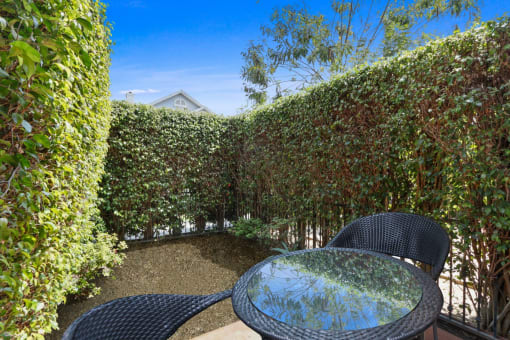a patio with a table and chairs and a hedge