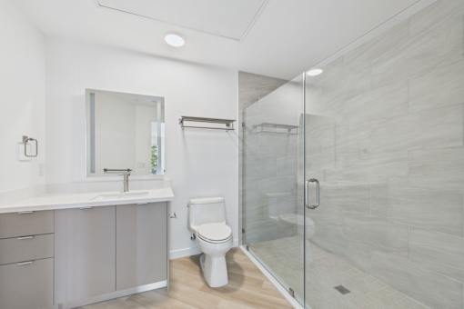 A bathroom with a toilet, sink, and walk-in shower.