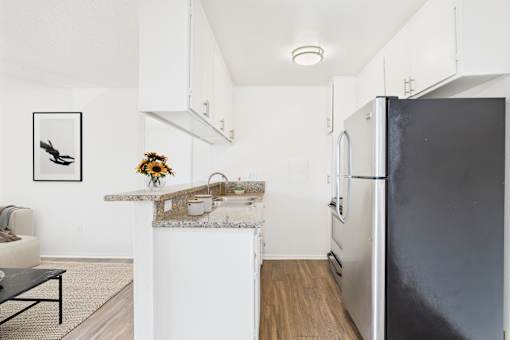 A kitchen with a black refrigerator and a marble countertop.
