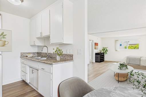 A kitchen with white cabinets and a marble countertop.