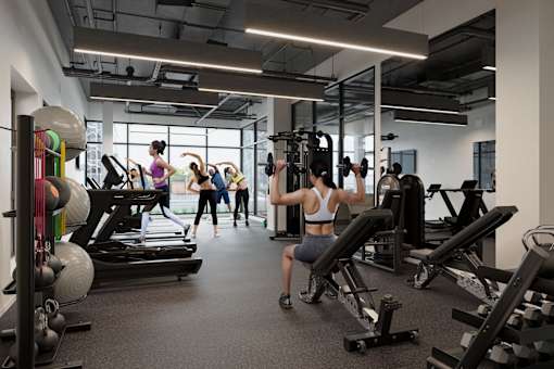 Gym with cardio equipment, weights, treadmills and yoga/workout area at Skylar At Sunset, Los Angeles, CA 