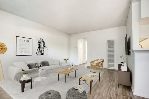 a living room with a couch and a table