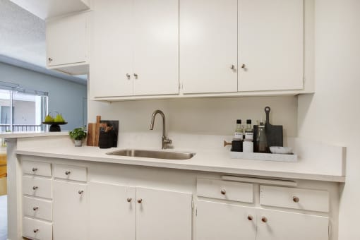 a white kitchen with white cabinets and a sink