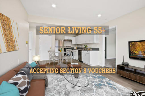 an image of a living room and kitchen with the words senior living 65t accepting