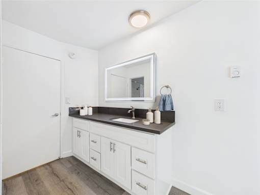A bathroom with a white vanity and a mirror above it.