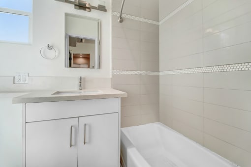 a bathroom with a tub and a sink and a mirror