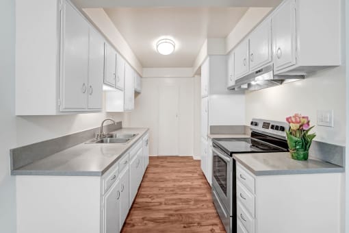 a white kitchen with white cabinets and stainless steel appliances