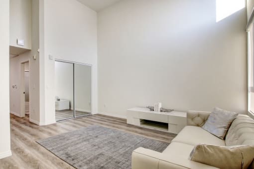 Living and sleeping area with wood style flooring throughout, mirrored closet doors, brightly lit