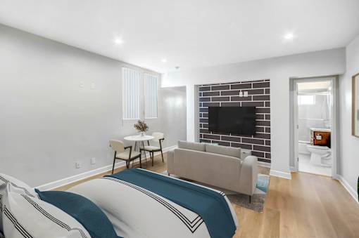 a bedroom with a bed and a couch and a tv