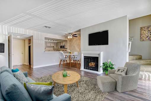 A living room with a fireplace and a television.