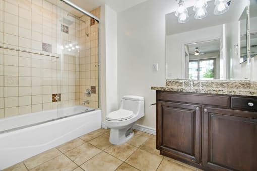 a bathroom with a toilet and a tub and a sink