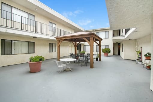 a patio with a table and chairs and a pergola