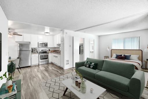a living room and kitchen with a couch and a table
