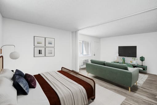 a bedroom with a bed and a couch and a tv