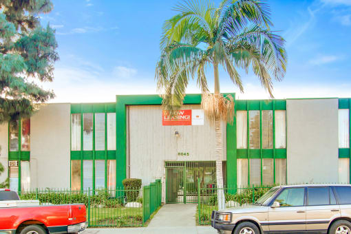 a green and white building with a palm tree in front of it