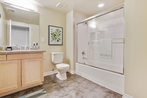 a bathroom with a shower toilet and sink