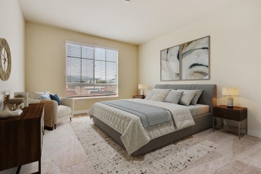 a bedroom with a large bed and a window