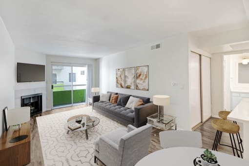 a living room with a couch and a table
