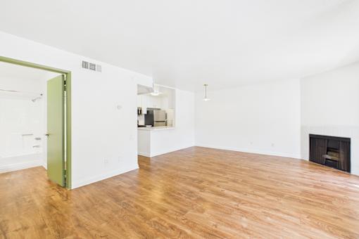 A room with a green door and a fireplace.